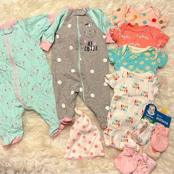Gerber Other - Newborn Girl Clothing Bundle Sleepers Mittens Organic Cotton Onesies Colorful